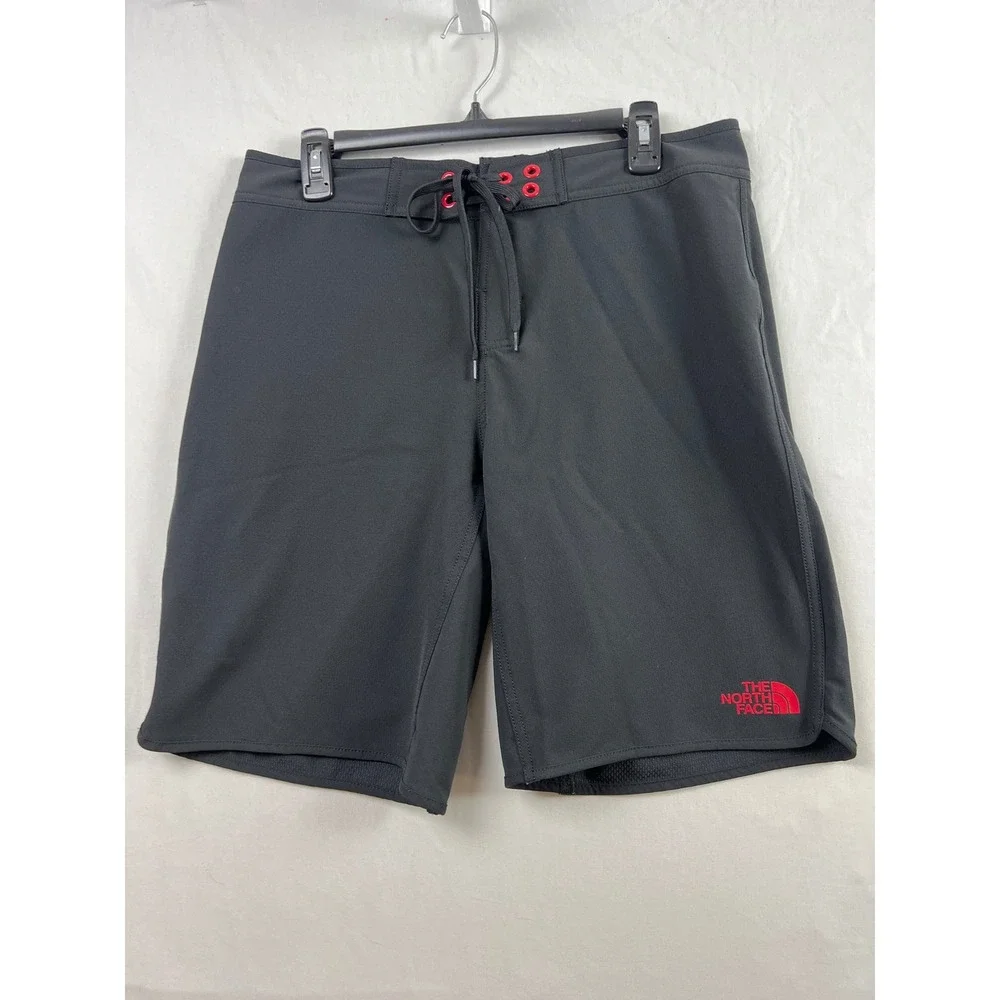 The North Face Board Shorts Mens 32 Black Red Logo Stretch Swim Trunks Flashdry